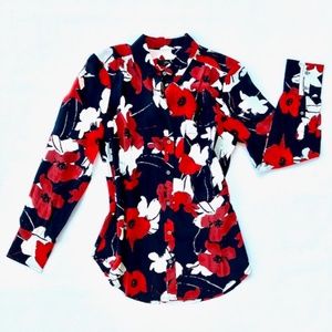 J Crew Red and Black Silk Floral Shirt NWT